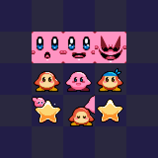 A set of 32x32 Kirby-themed animated pixel art emotes.